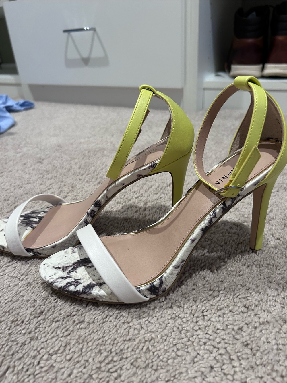 Call It Spring Two-Tone Marble Print Stiletto Sandals in White and Lime